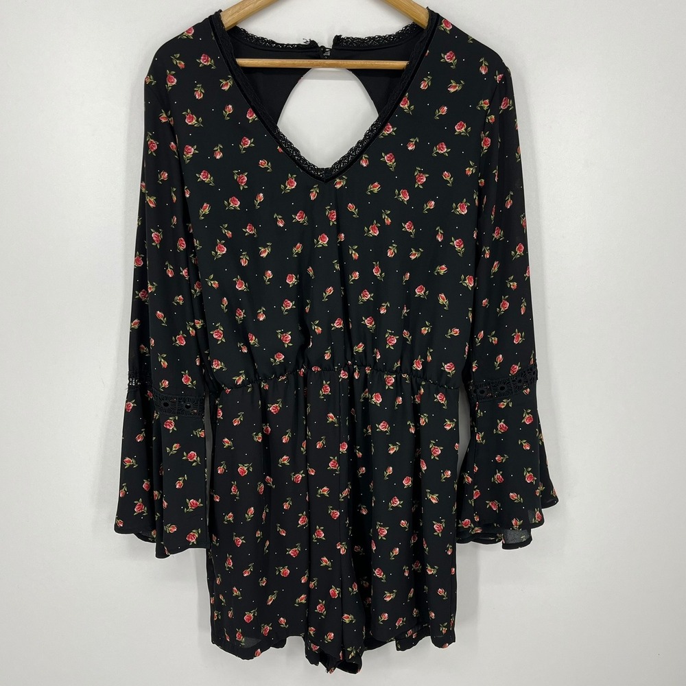 Disney Princess Womens XL Black Red Rose Floral Bell Sleeve Lace Trim‎ Romper